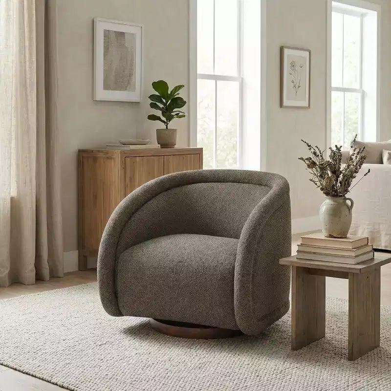 Modern Boucl Swivel Chair with Solid Wood Base