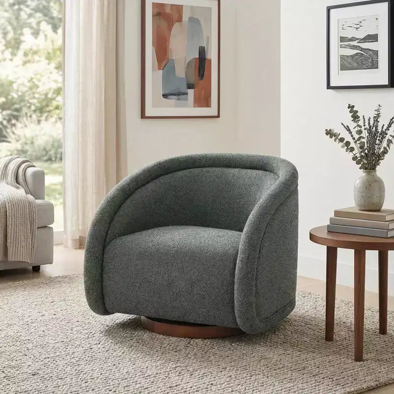 Modern Boucl Swivel Chair with Solid Wood Base
