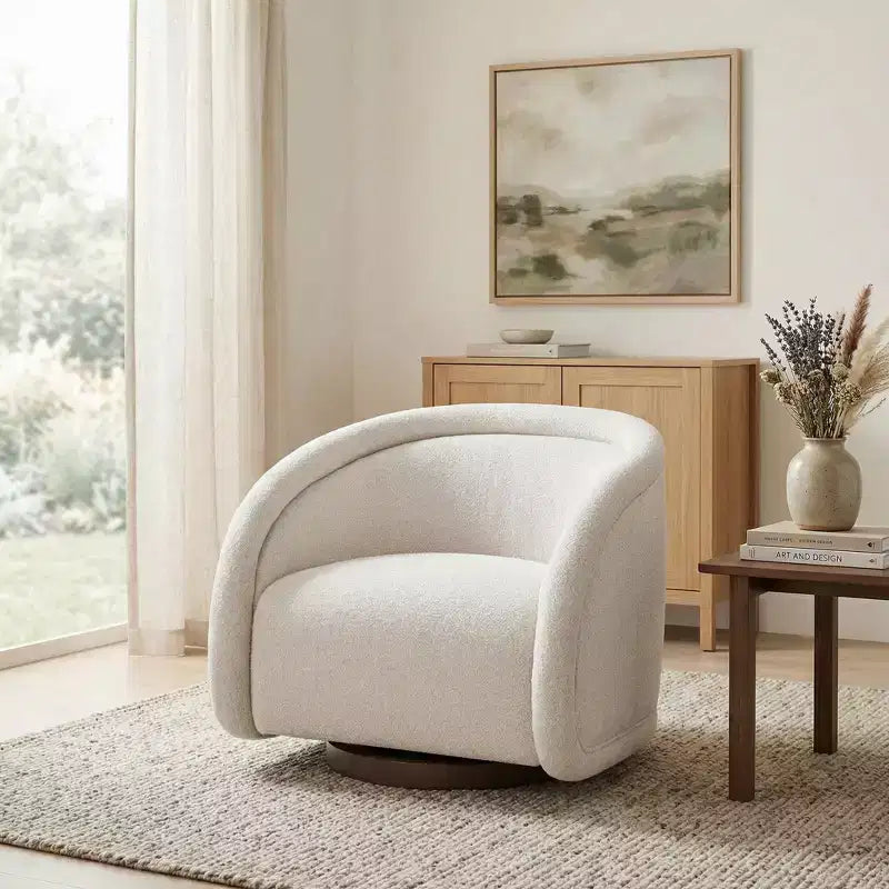 Modern Boucl Swivel Chair with Solid Wood Base