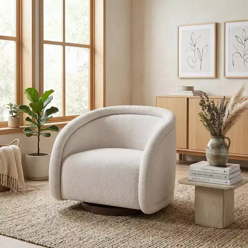   Modern Boucl Swivel Chair with Solid Wood Base