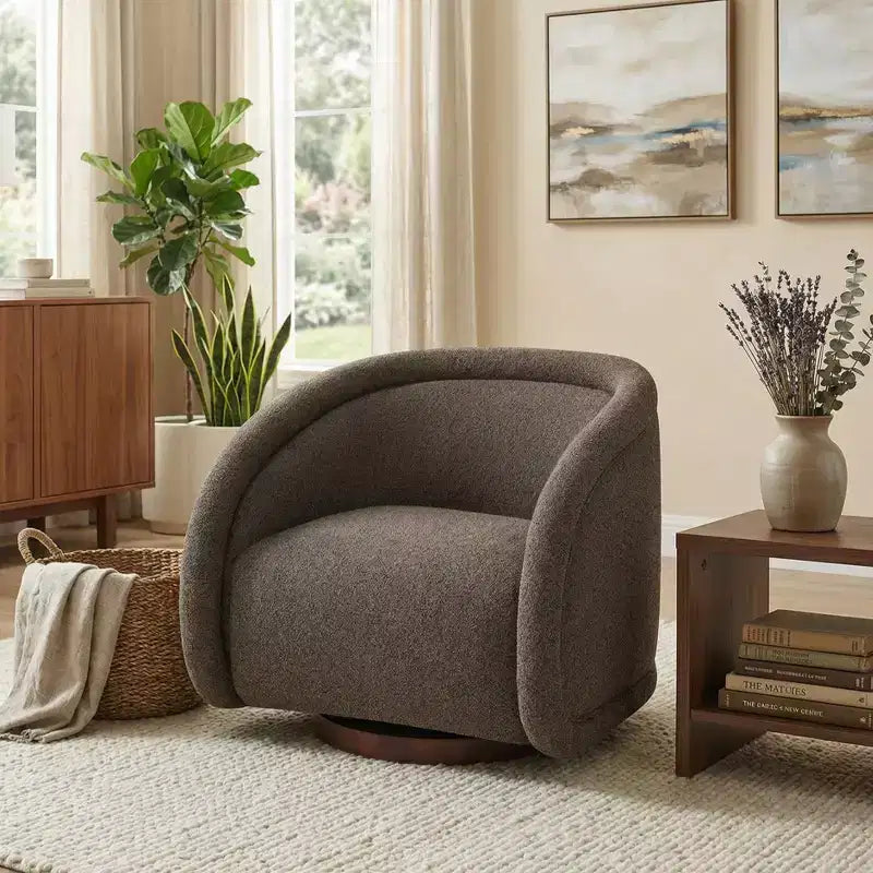 Modern Boucl Swivel Chair with Solid Wood Base