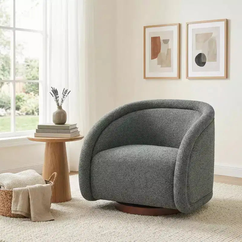 Modern Boucl Swivel Chair with Solid Wood Base