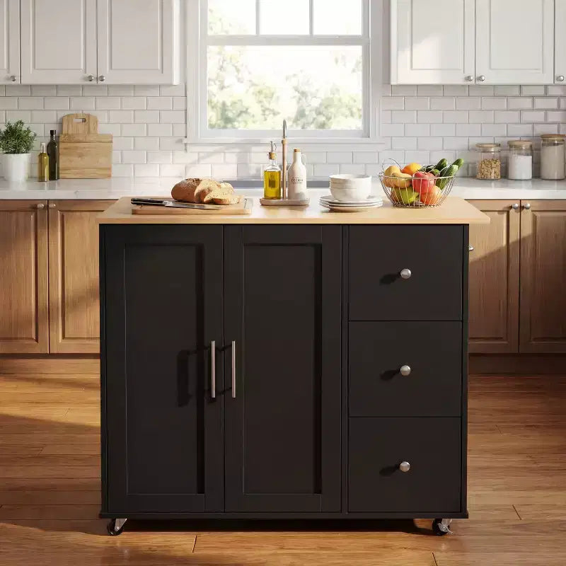   Rolling Kitchen Cart with Storage and 3 Drawers, Black