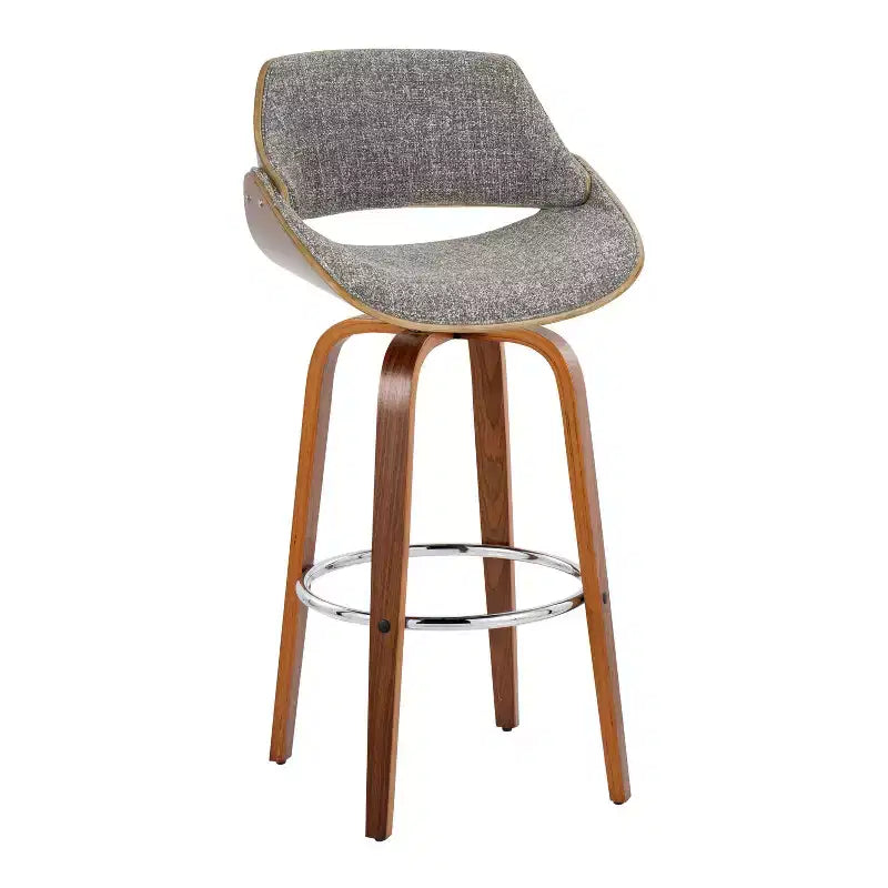 Set of 2 Barstools Walnut/Chrome/Gray: Mid-Century Modern Design, 29" Fixed Height, Swivel, Footrest