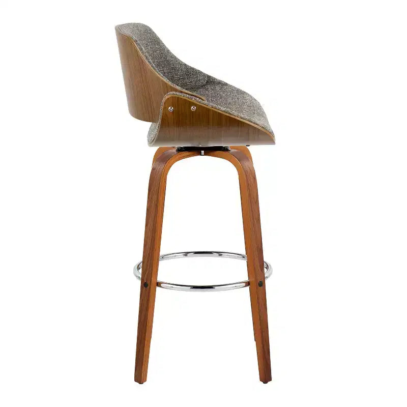 Set of 2 Barstools Walnut/Chrome/Gray: Mid-Century Modern Design, 29" Fixed Height, Swivel, Footrest