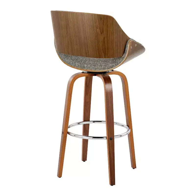 Set of 2 Barstools Walnut/Chrome/Gray: Mid-Century Modern Design, 29" Fixed Height, Swivel, Footrest