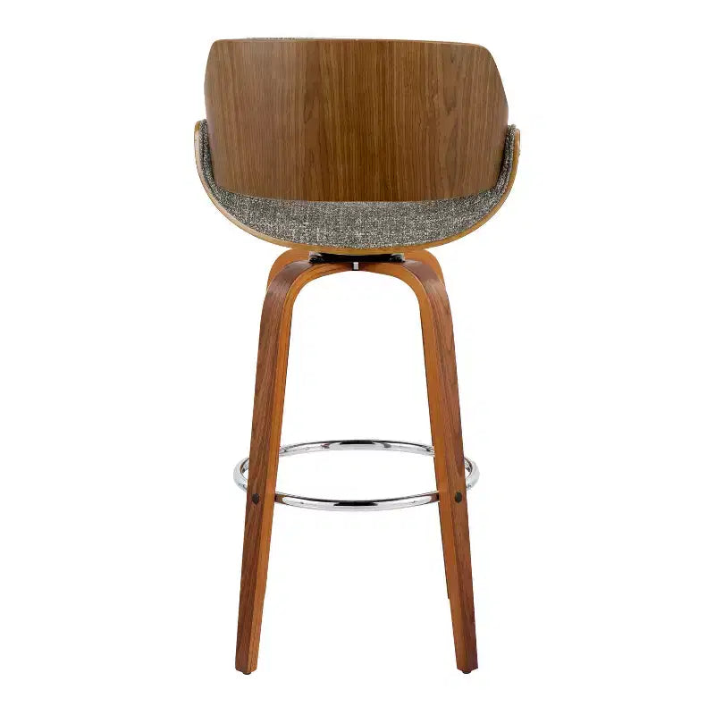 Set of 2 Barstools Walnut/Chrome/Gray: Mid-Century Modern Design, 29" Fixed Height, Swivel, Footrest