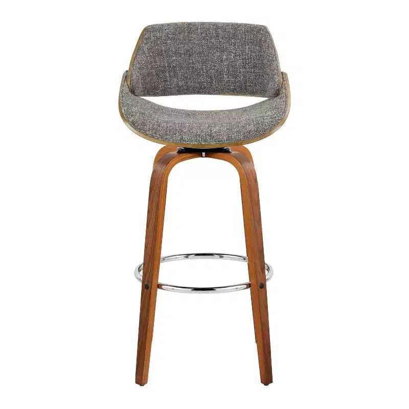 Set of 2 Barstools Walnut/Chrome/Gray: Mid-Century Modern Design, 29" Fixed Height, Swivel, Footrest