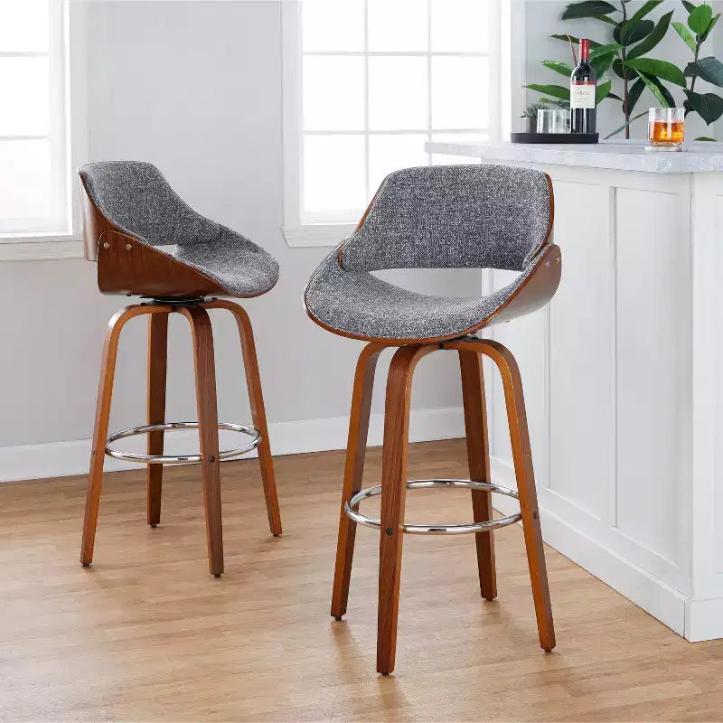 Set of 2 Barstools Walnut/Chrome/Gray: Mid-Century Modern Design, 29" Fixed Height, Swivel, Footrest