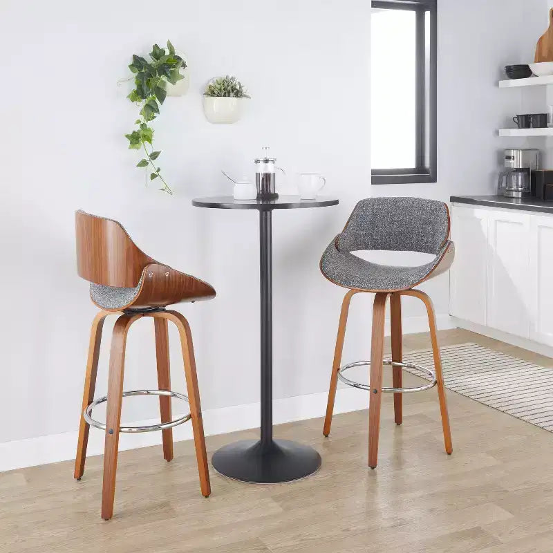 Set of 2 Barstools Walnut/Chrome/Gray: Mid-Century Modern Design, 29" Fixed Height, Swivel, Footrest