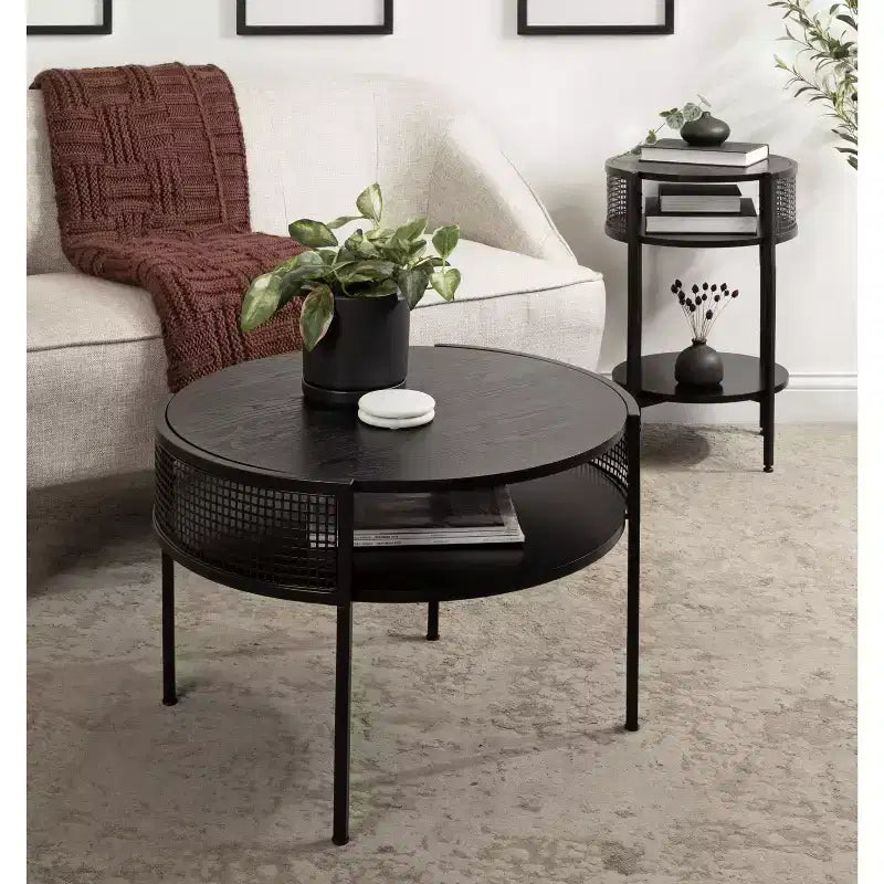 Round Side Table Wood and Metal, 16x15x25, Black