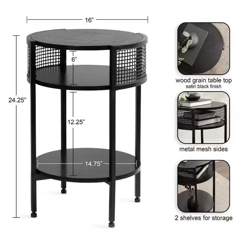 Round Side Table Wood and Metal, 16x15x25, Black