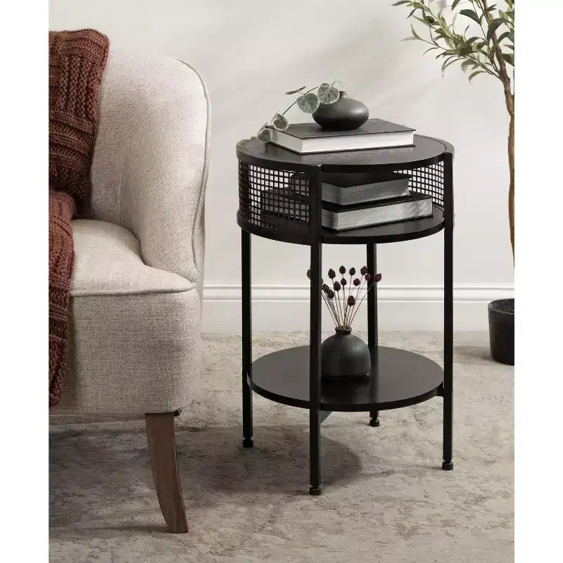Round Side Table Wood and Metal, 16x15x25, Black