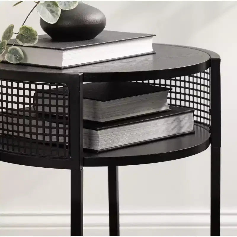 Round Side Table Wood and Metal, 16x15x25, Black