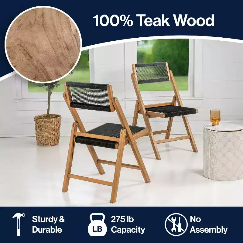 Coastal Modern Wood Roped Folding Chair with Adjustable Back