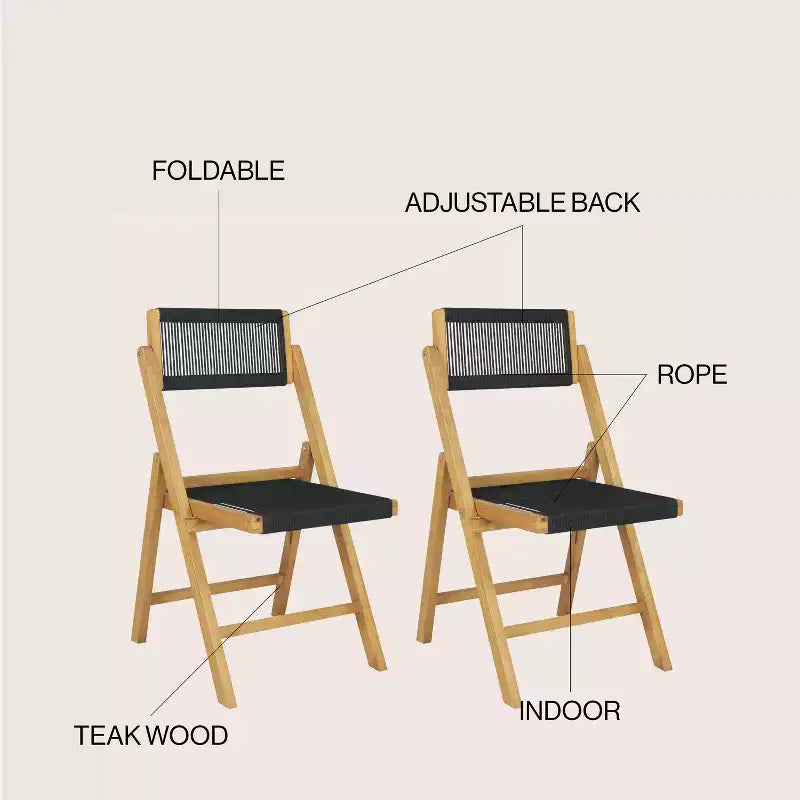 Coastal Modern Wood Roped Folding Chair with Adjustable Back