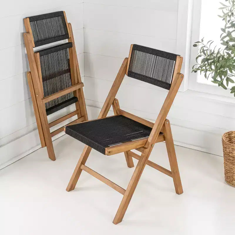 Coastal Modern Wood Roped Folding Chair with Adjustable Back
