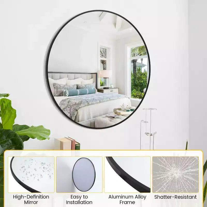 Round Mirror, Circle Mirror, Black Metal Frame Round Mirror for Wall, Round Bathroom Mirror for Entryway, Bedroom, Vanity