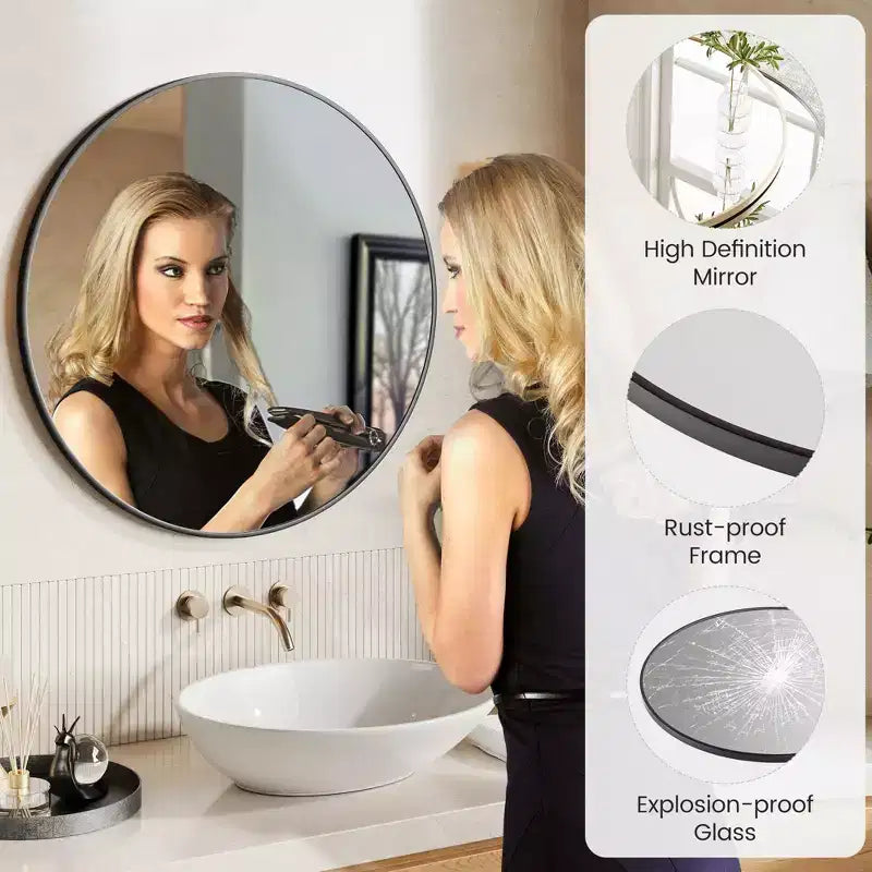 Round Mirror, Circle Mirror, Black Metal Frame Round Mirror for Wall, Round Bathroom Mirror for Entryway, Bedroom, Vanity