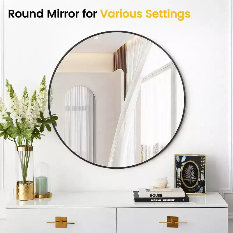 Round Mirror, Circle Mirror, Black Metal Frame Round Mirror for Wall, Round Bathroom Mirror for Entryway, Bedroom, Vanity
