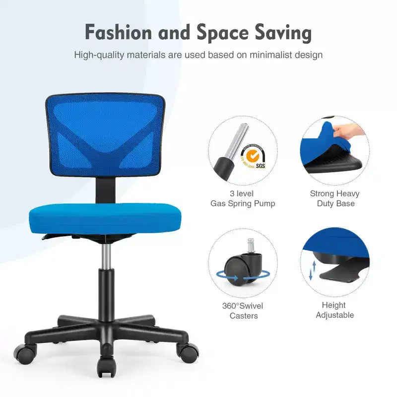 Armless Mesh Office Chair - Adjustable Height Rolling Desk Chair for Small Space, Dorm, Home Office