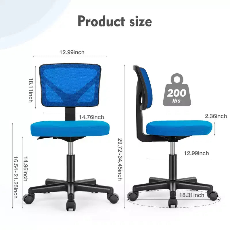 Armless Mesh Office Chair - Adjustable Height Rolling Desk Chair for Small Space, Dorm, Home Office