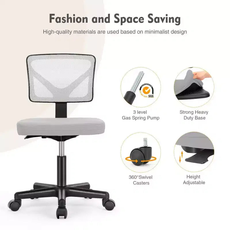 Armless Mesh Office Chair - Adjustable Height Rolling Desk Chair for Small Space, Dorm, Home Office