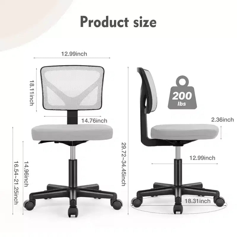 Armless Mesh Office Chair - Adjustable Height Rolling Desk Chair for Small Space, Dorm, Home Office