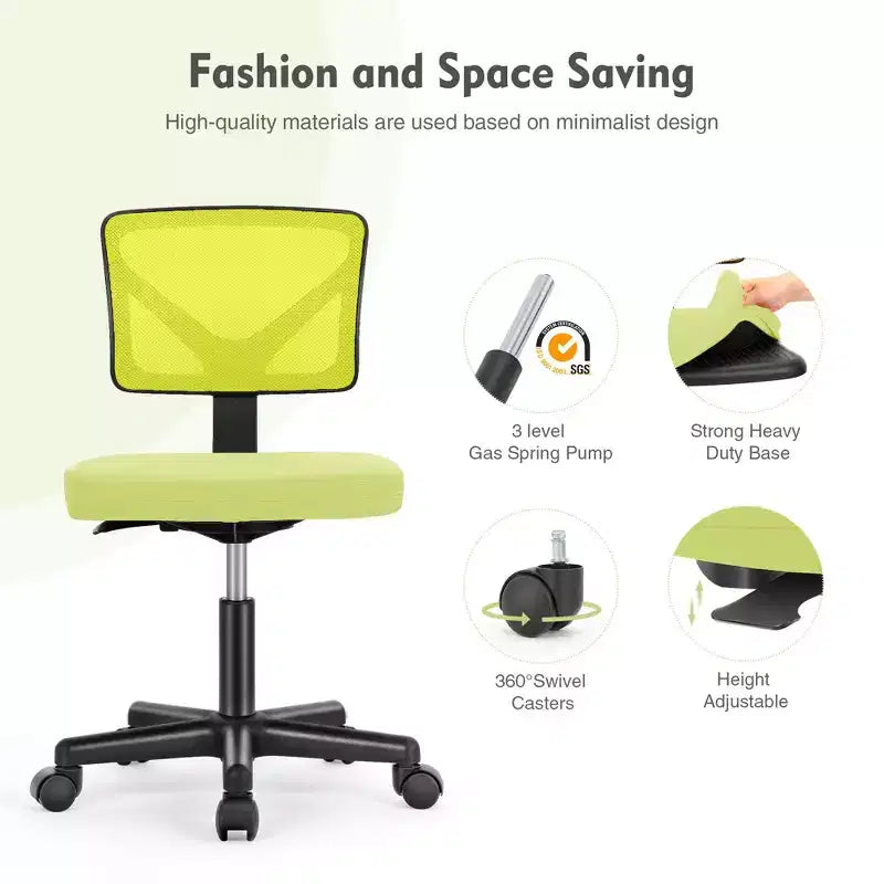 Armless Mesh Office Chair - Adjustable Height Rolling Desk Chair for Small Space, Dorm, Home Office