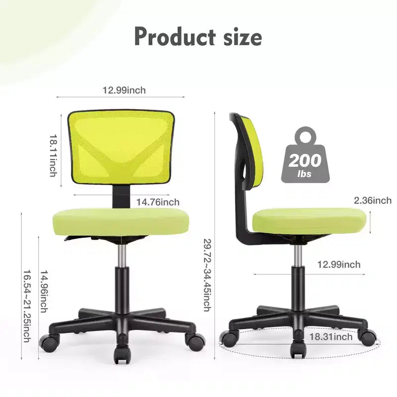 Armless Mesh Office Chair - Adjustable Height Rolling Desk Chair for Small Space, Dorm, Home Office