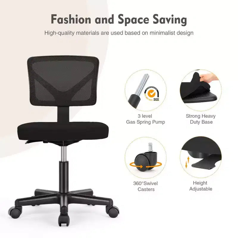 Armless Mesh Office Chair - Adjustable Height Rolling Desk Chair for Small Space, Dorm, Home Office
