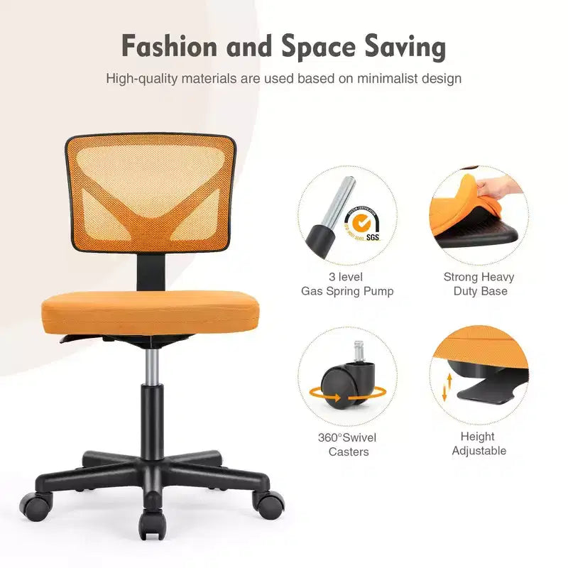 Armless Mesh Office Chair - Adjustable Height Rolling Desk Chair for Small Space, Dorm, Home Office