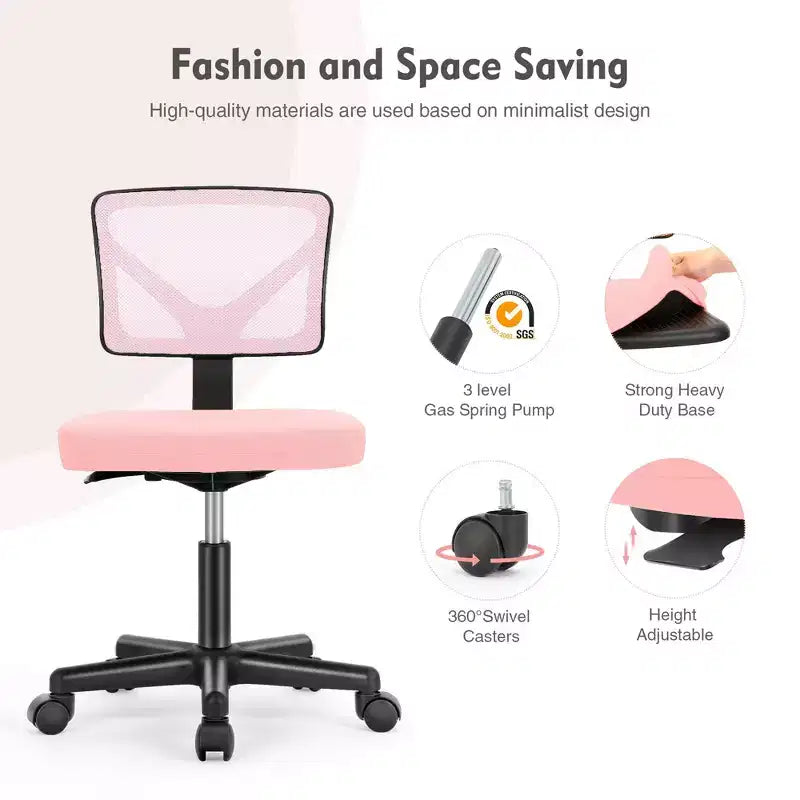 Armless Mesh Office Chair - Adjustable Height Rolling Desk Chair for Small Space, Dorm, Home Office