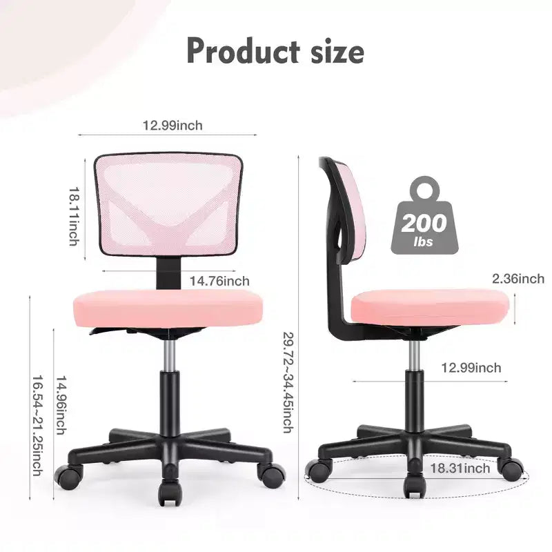 Armless Mesh Office Chair - Adjustable Height Rolling Desk Chair for Small Space, Dorm, Home Office