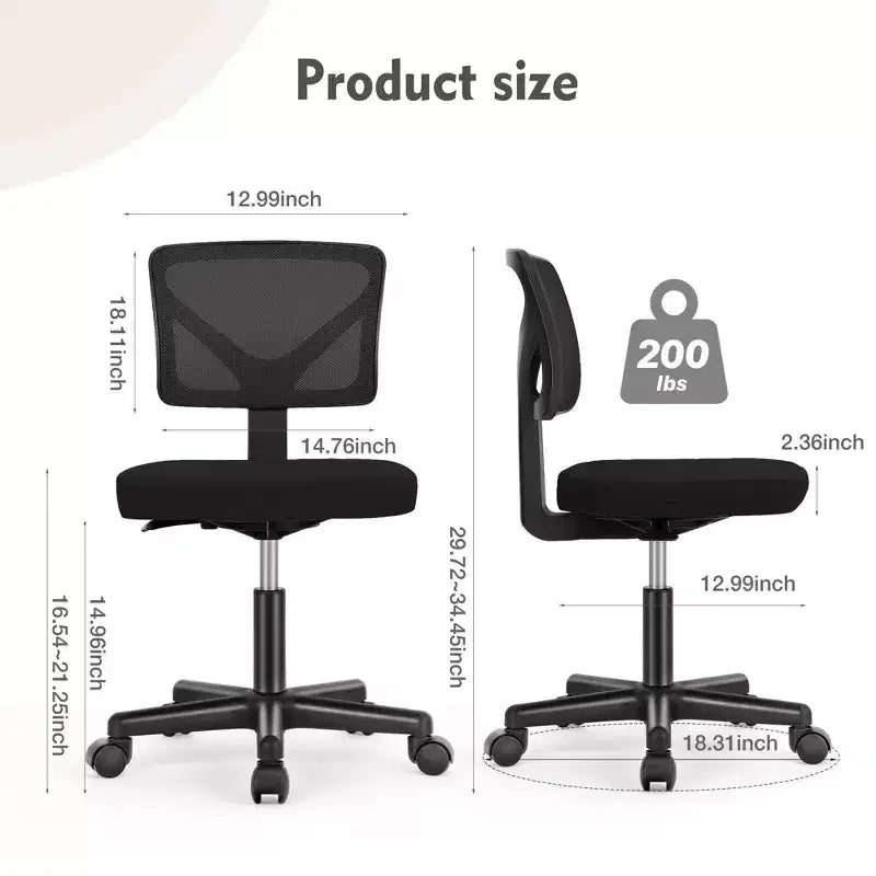 Armless Mesh Office Chair - Adjustable Height Rolling Desk Chair for Small Space, Dorm, Home Office